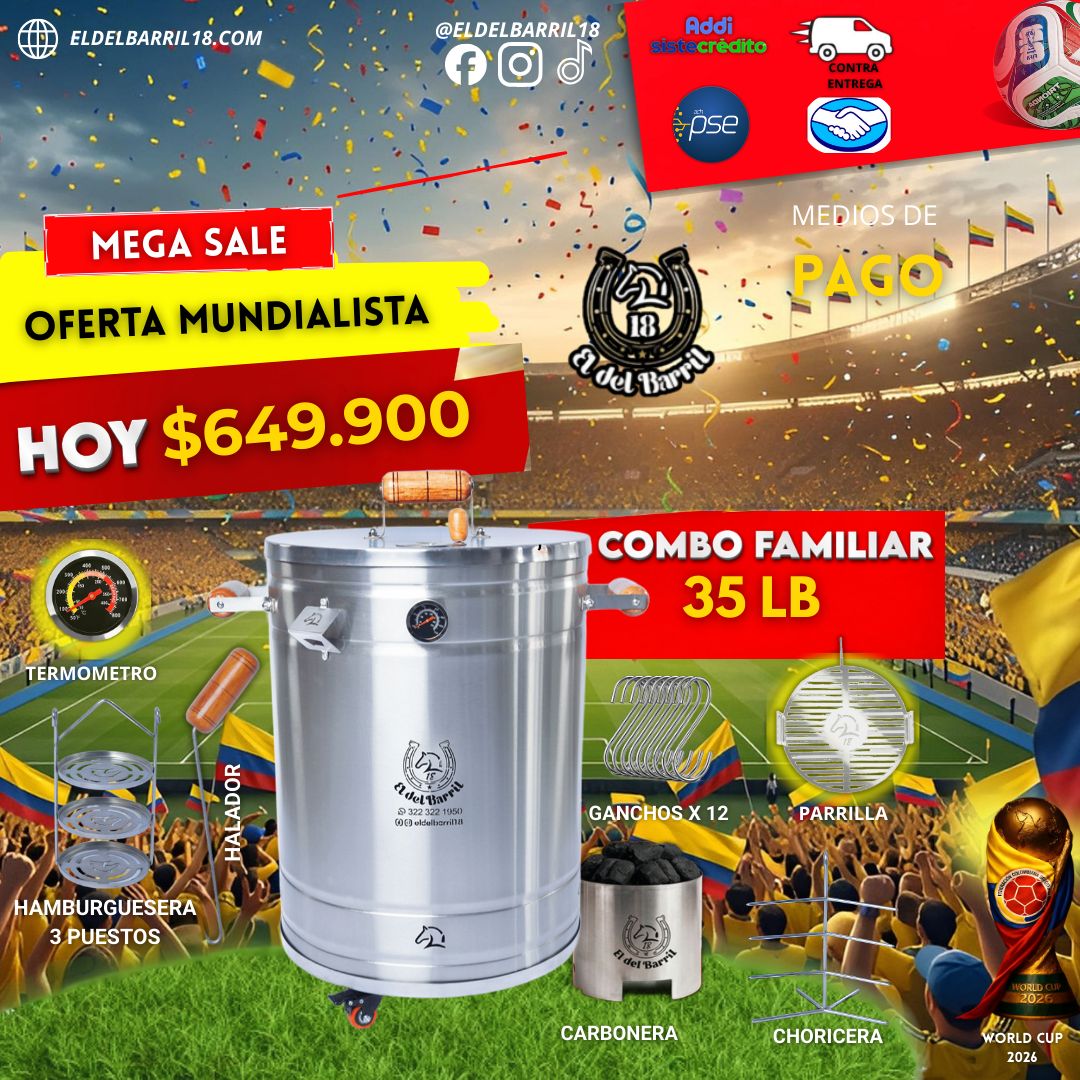 Combo Barril Asador Familiar 35 LB en Acero Inoxidable | Ahumador El del Barril 18