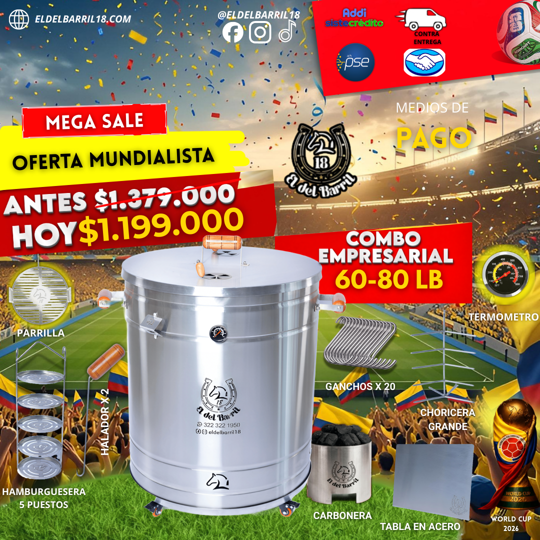 Combo Barril Asador y Ahumador 60 a 80 LB en Acero Inoxidable | El del Barril 18