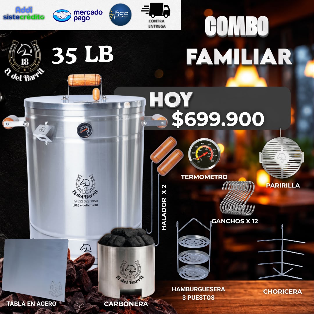 Combo Barril Asador Familiar 35 LB en Acero Inoxidable | Ahumador El del Barril 18