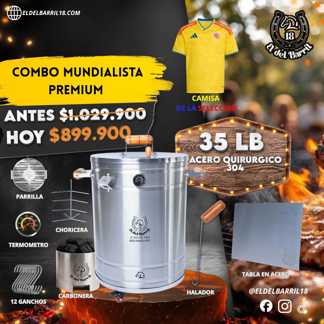 Barril Asador 35 LB Combo Mundialista Premium en Acero Inoxidable BBQ