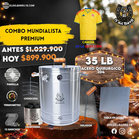 Barril Asador 35 LB Combo Mundialista Premium en Acero Inoxidable BBQ