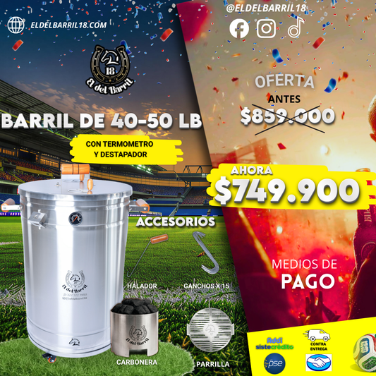 Barril Ahumador grande 40 a 50 LB   en Acero Inoxidable | Asador