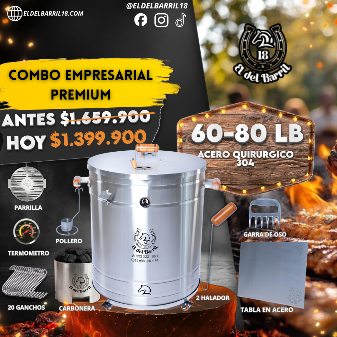 Barril Ahumador 80 Libras en Acero Inoxidable – Combo Parrillero Profesional