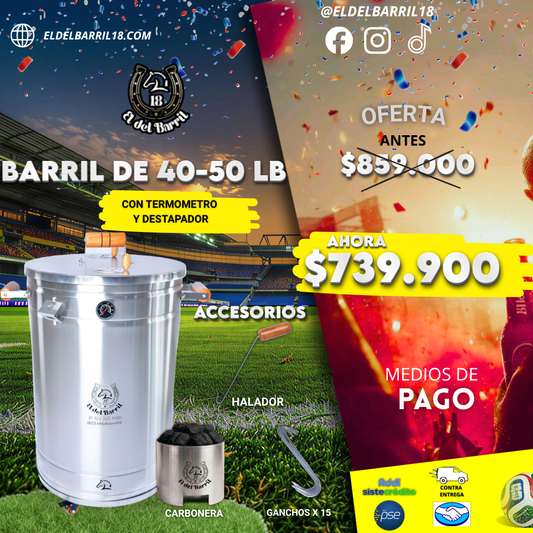 Barril Ahumador grande 40 a 50 LB   en Acero Inoxidable | Asador