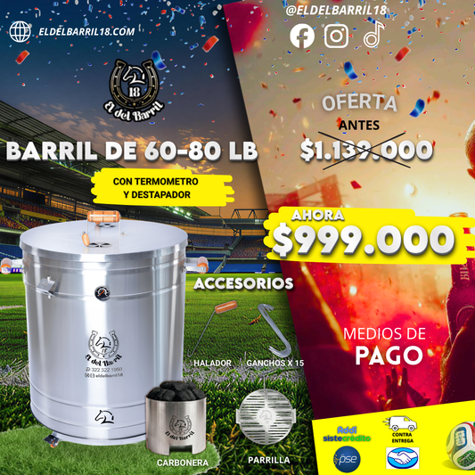 Barril Ahumador Extra jumbo 80 lb en Acero Inoxidable | Barril Asador